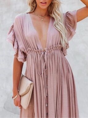 WHITE Deep V Maxi Dress with Drawstring bust and buttons all the way done. Sz S
